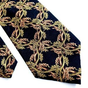 XMI Nordstrom Black Tan Brown Floral Jacquard‎ Print Short Wide Silk Tie